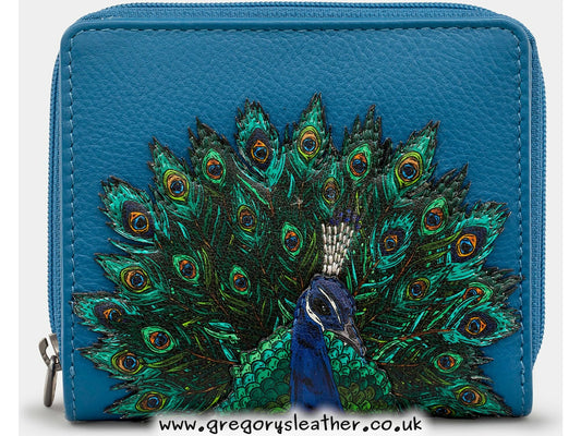 Teal Peacock Plume Leather Zip Round Flap Over Purse by Yoshi
