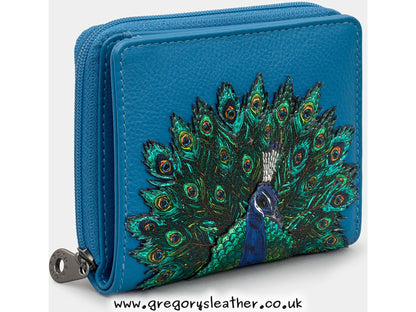 Teal Peacock Plume Leather Zip Round Flap Over Purse by Yoshi