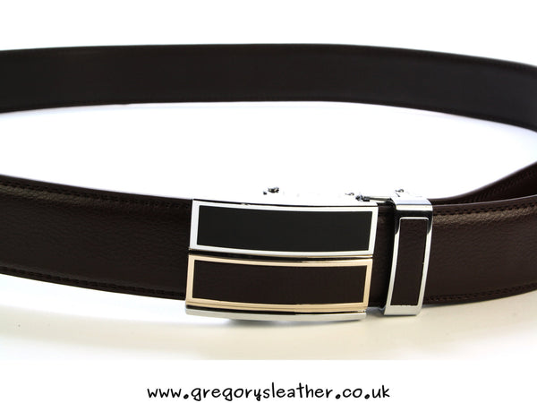Brown - Double Bar Automatic Leather Belt No Holes Quick Fasten by Artamis