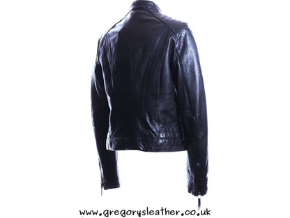 Black Leather Straight Zip No Collar Jacket by Ashwood