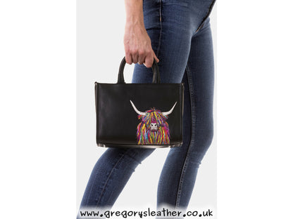 Black Rainbow Highland Cow Highland Cow Leather Grab Bag by Yoshi