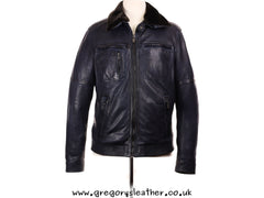 Navy Mens Leather Jacket Detachable Fur Collar by Trapper