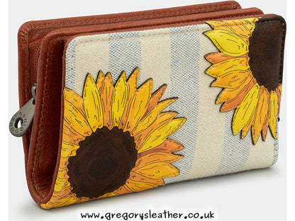 Tan Sunflower Bloom Zip Round Flap Over Leather Purse by Yoshi