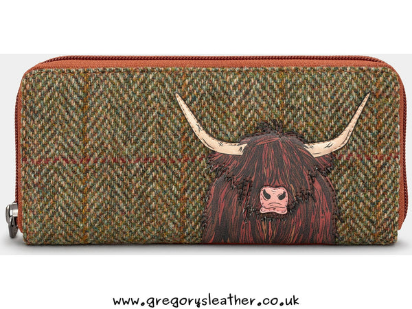 Brown Highland Cow Tweed Leather Zip Round Purse by Yoshi