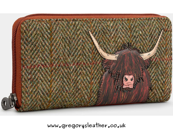 Brown Highland Cow Tweed Leather Zip Round Purse by Yoshi