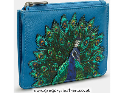 Teal Peacock Plume Zip Top Leather Purse by Yoshi