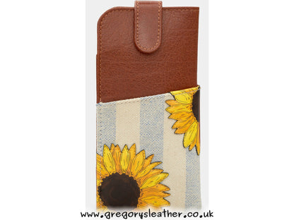 Tan Sunflower Bloom Leather Glasses Case with Tab by Yoshi