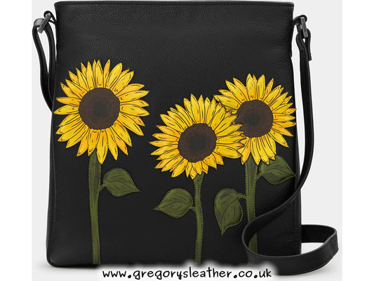 Black Sunflowers Leather Cross Body Bag by Yoshi