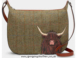 Brown Highland Cow Tweed Leather Hobo Bag by Yoshi