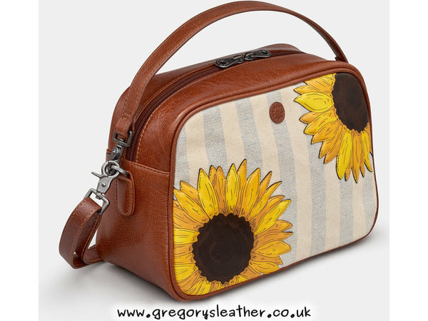 Tan Sunflower Bloom Leather Mulitway Cross Body Bag by Yoshi