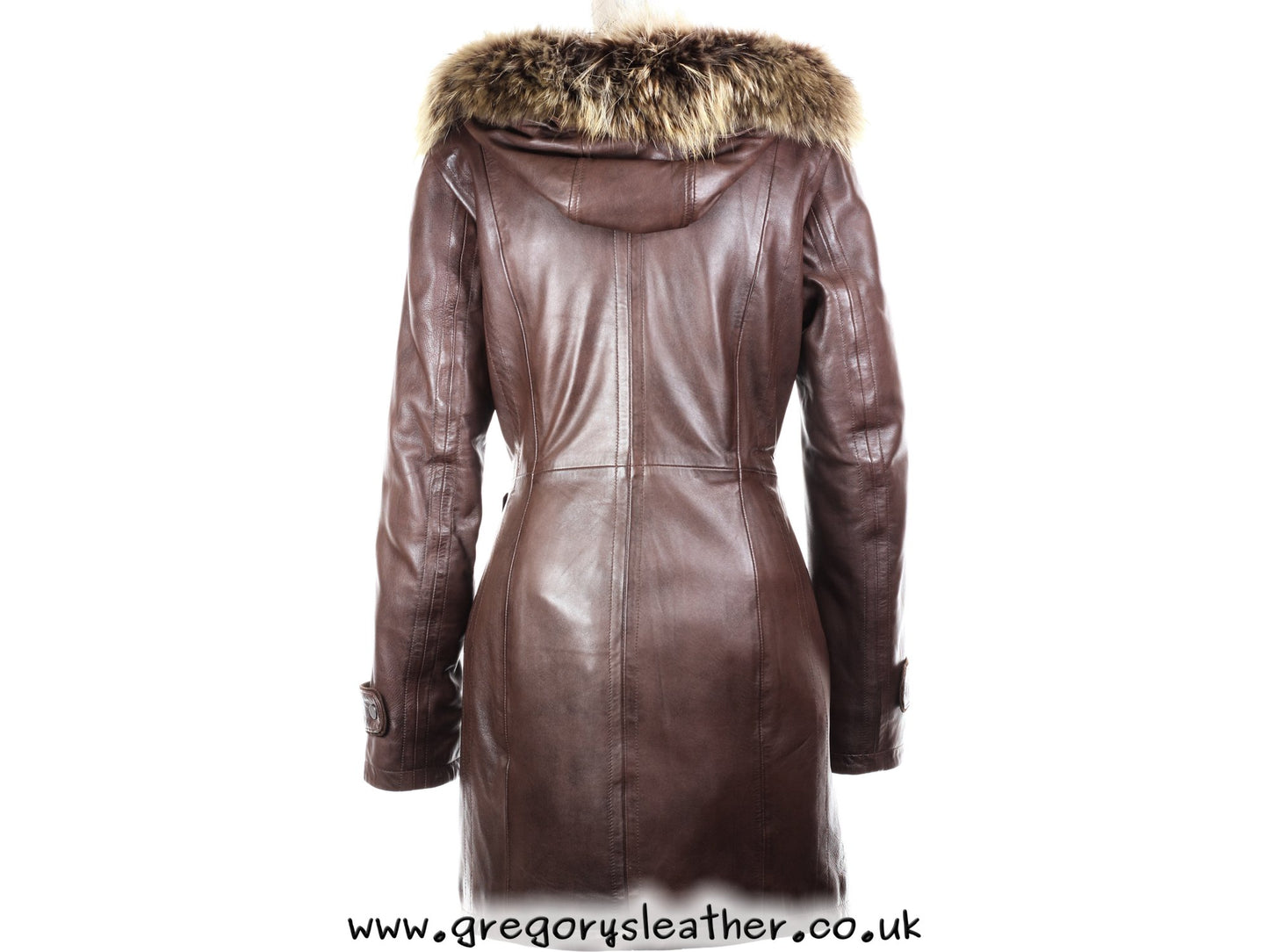 Brown Leather Coat Fox Fur Hood by Ashwood