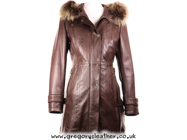 Brown Leather Coat Fox Fur Hood by Ashwood